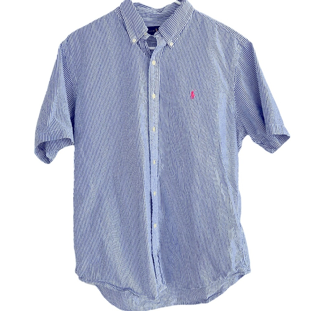 Mens Ralph Lauren gingham blue & white striped button down short sleeve shirt